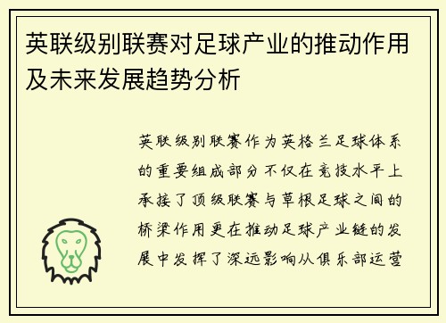英联级别联赛对足球产业的推动作用及未来发展趋势分析